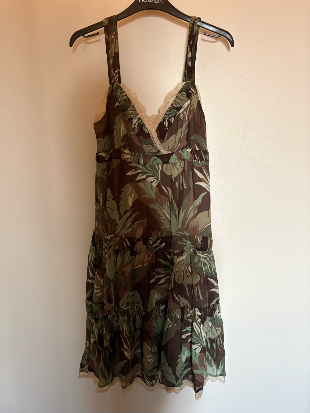 MK 100% Silk  Lace-Trim Camouflage Slip Dress - Green/Brown